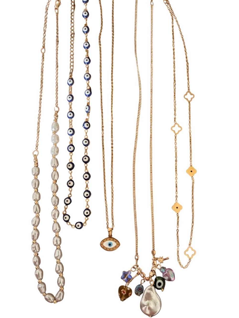 LOT- Gold-Tone Multi Necklace Set with Blue Evil Eye and Pearl Charms